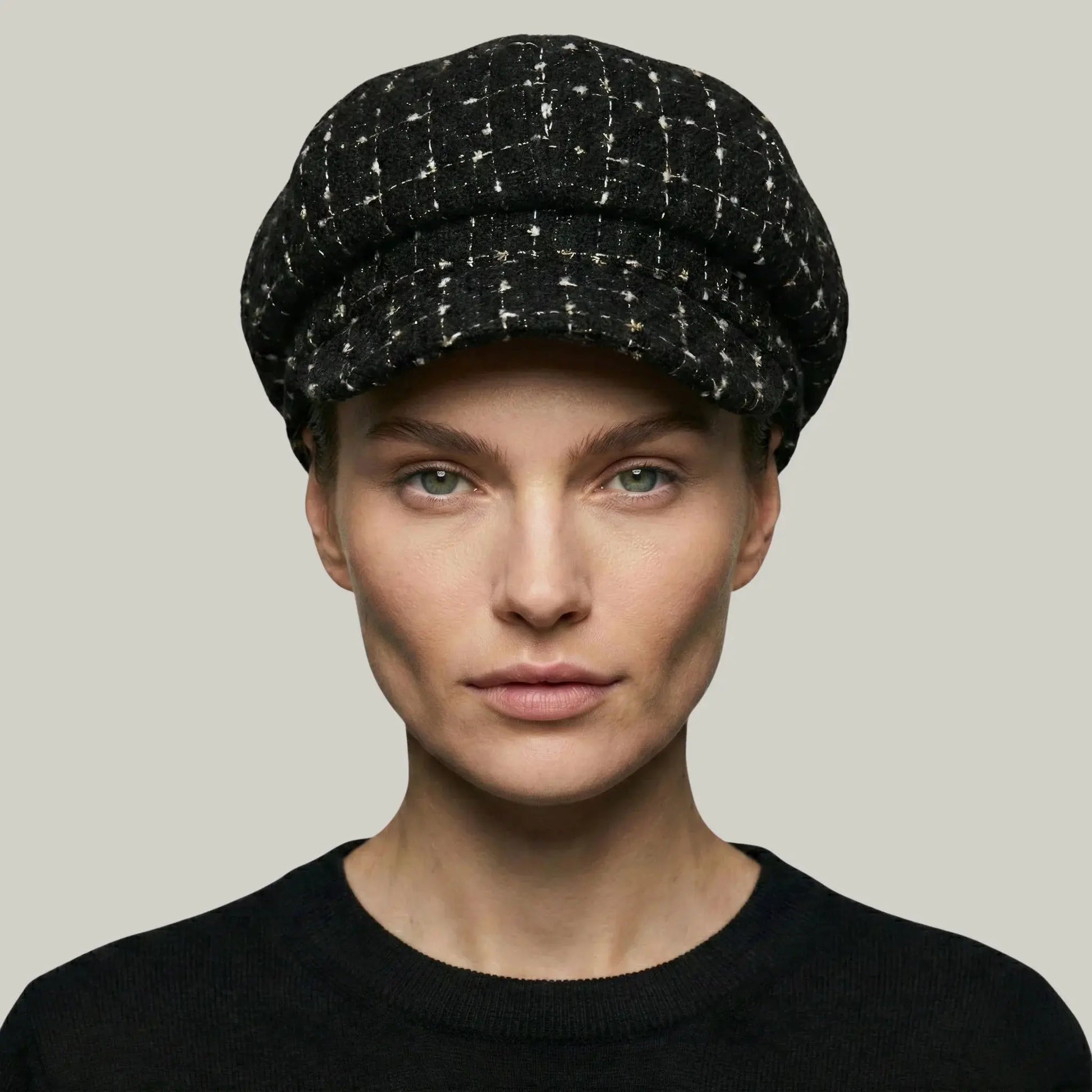 Béret Gavroche Femme Tweed Noir Fil Blanc Maison Shelby