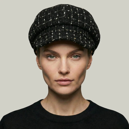 Béret Gavroche Femme Tweed Noir Fil Blanc Maison Shelby