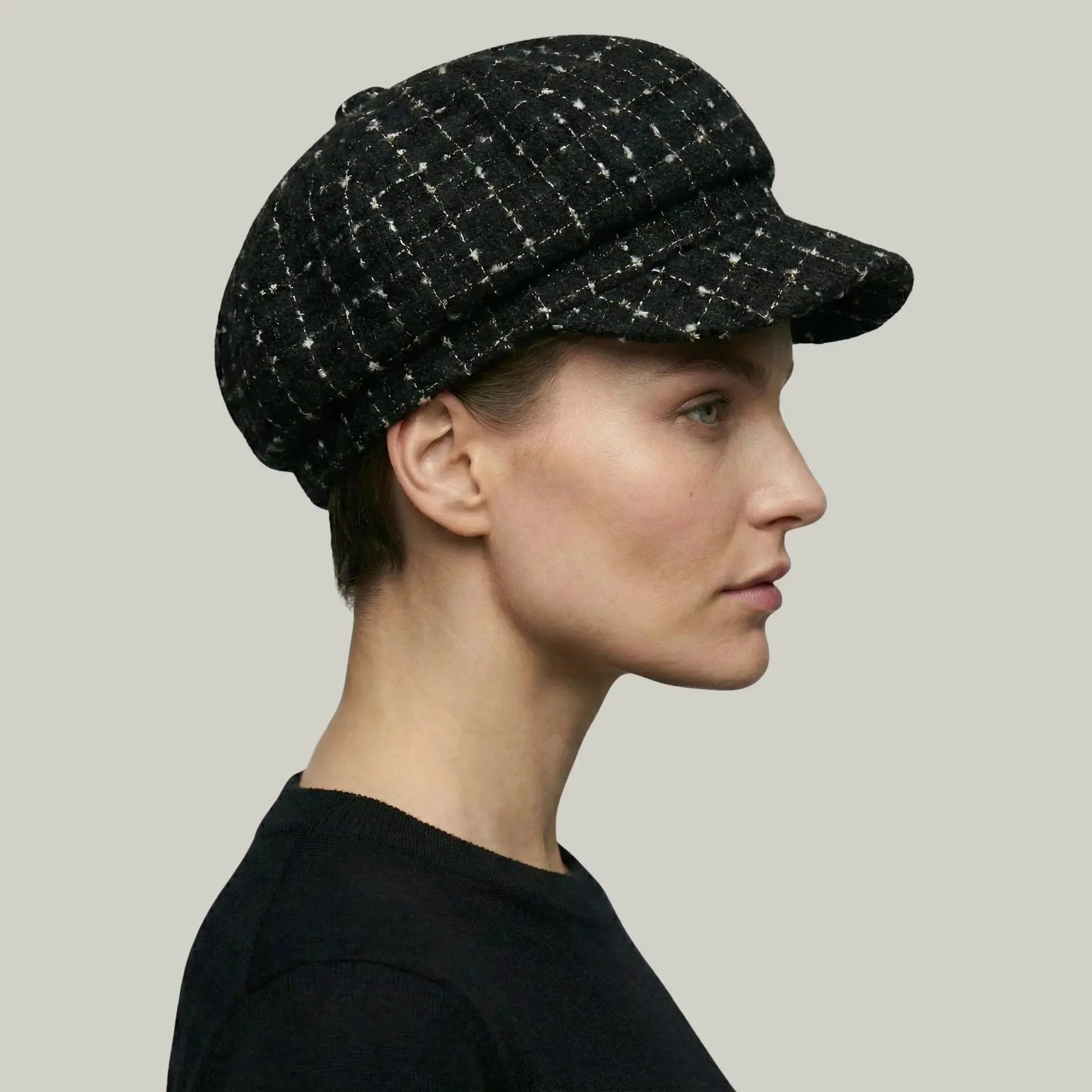 Béret Gavroche Femme Tweed Noir Fil Blanc Maison Shelby