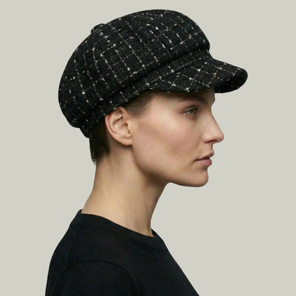 Béret Gavroche Femme Tweed Noir Fil Blanc Maison Shelby