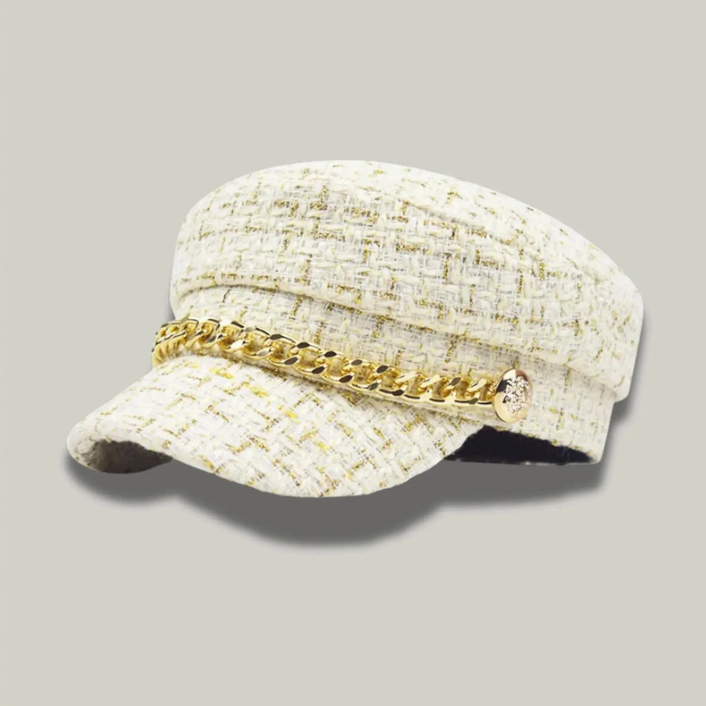 Béret Gavroche Femme Tweed Écru Doré Chaîne Maison Shelby