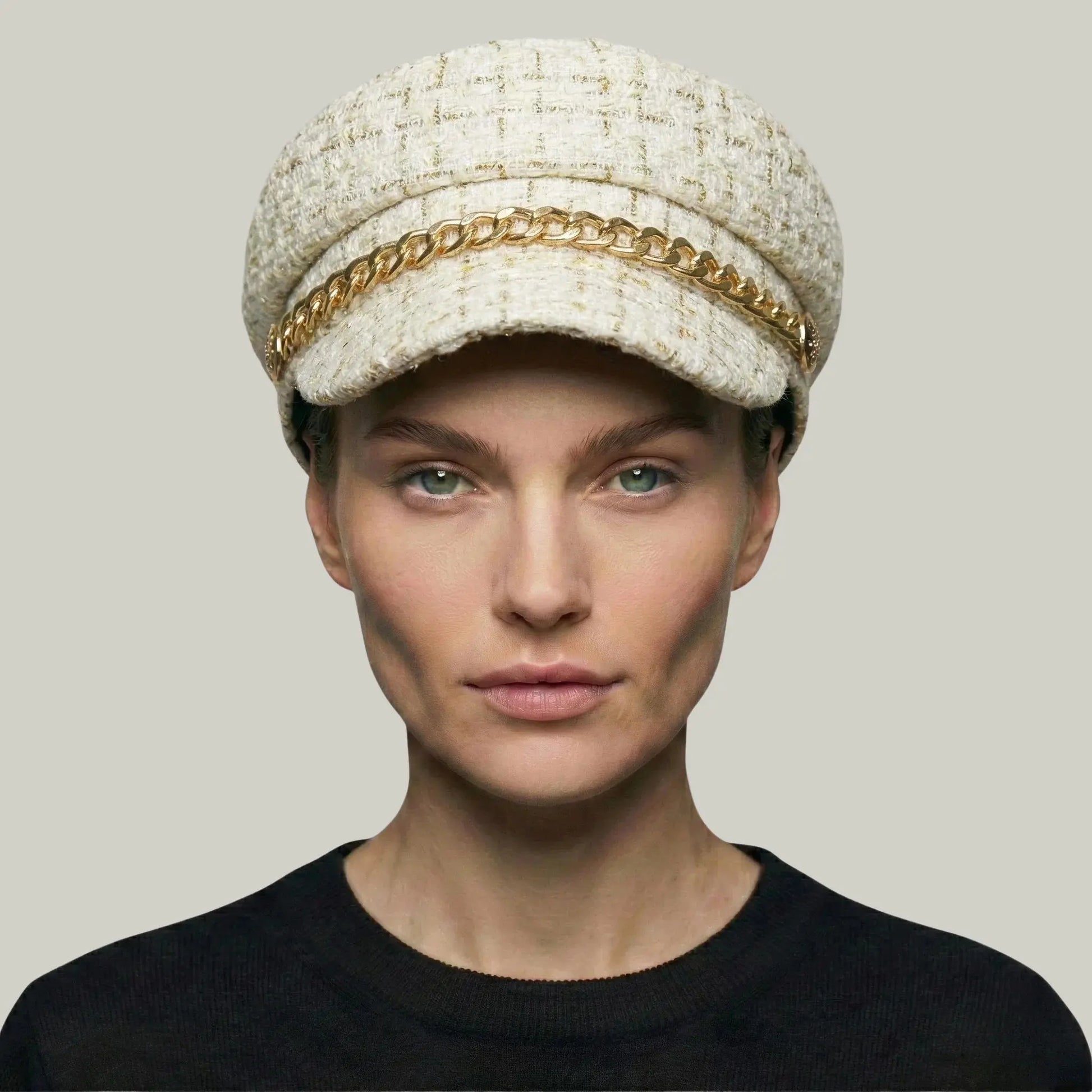 Béret Gavroche Femme Tweed Écru Doré Chaîne Maison Shelby