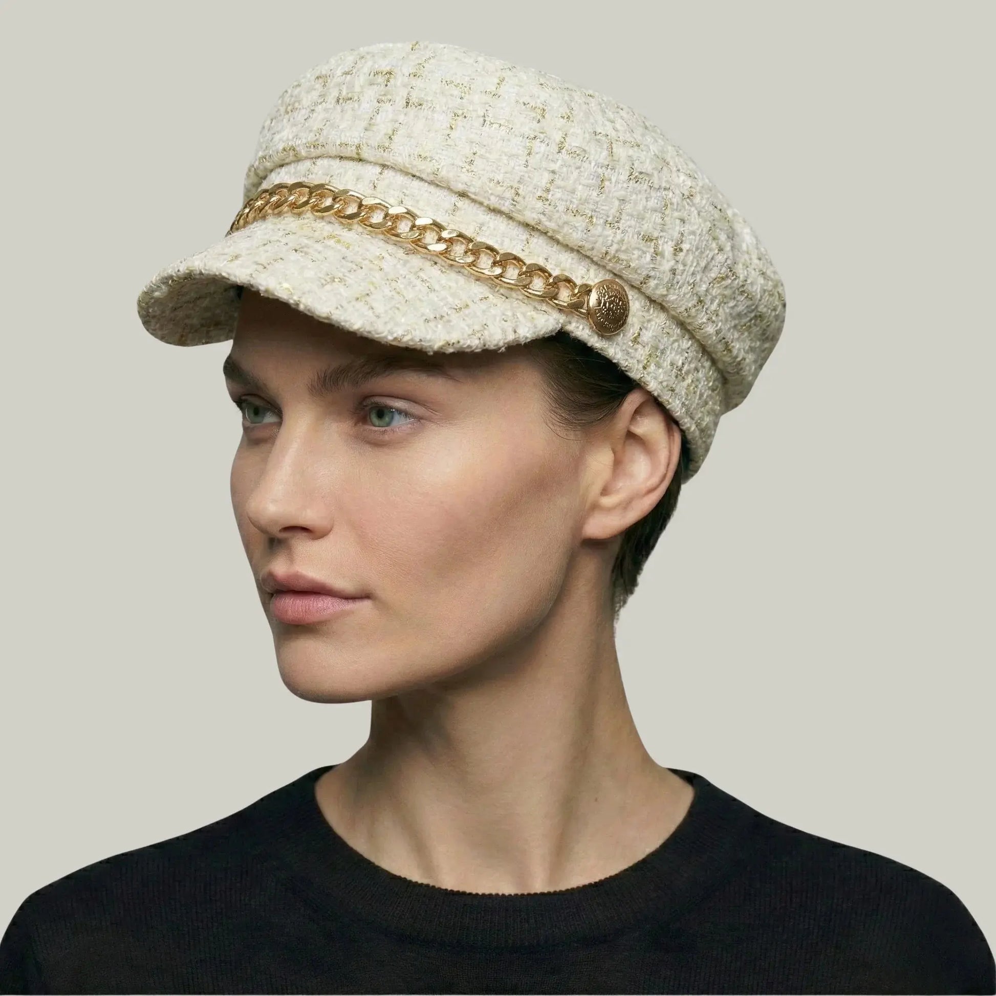 Béret Gavroche Femme Tweed Écru Doré Chaîne Maison Shelby