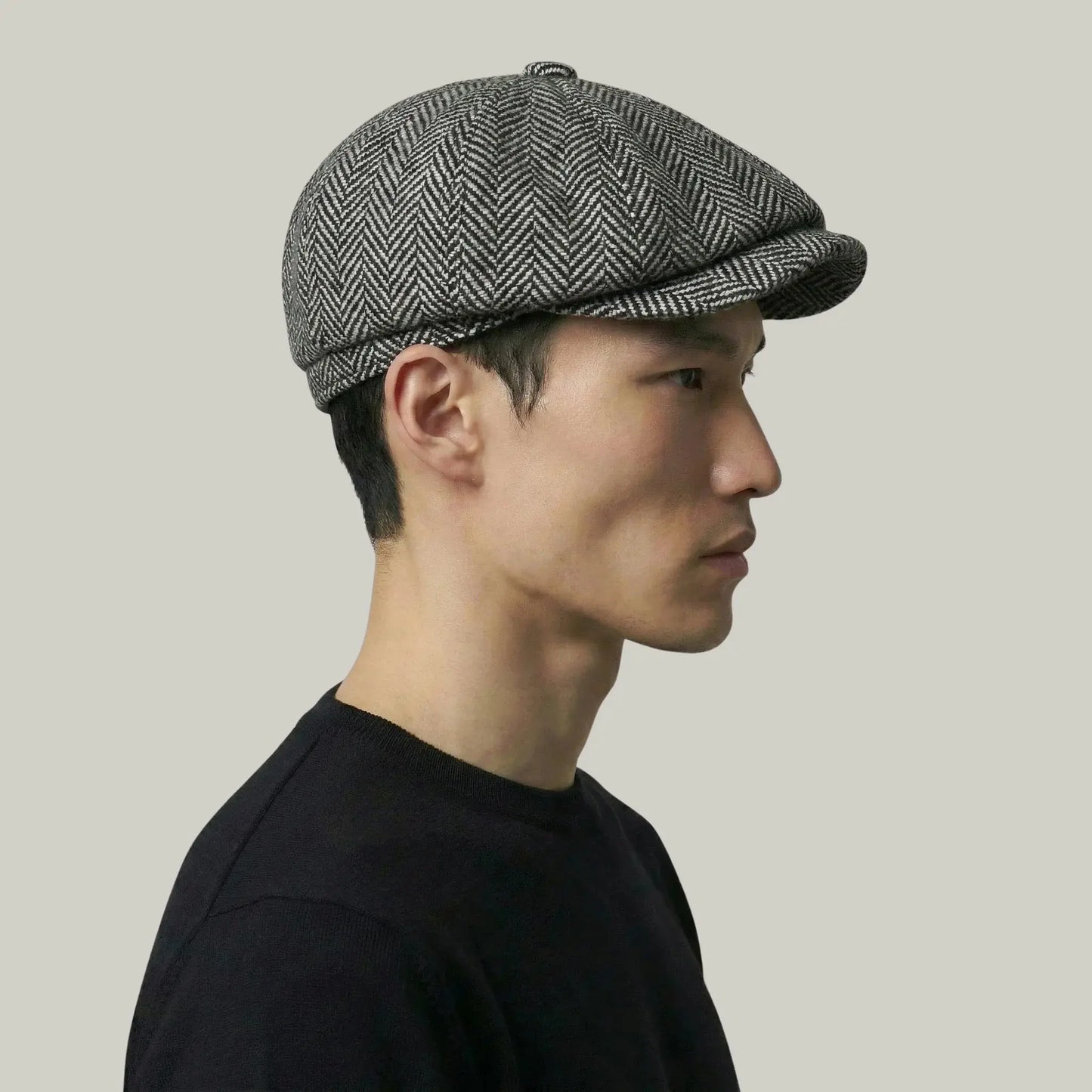 Béret Gavroche Homme Femme Tweed Chevron Gris Maison Shelby