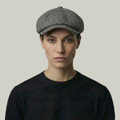 Béret Gavroche Homme Femme Tweed Chevron Gris Maison Shelby