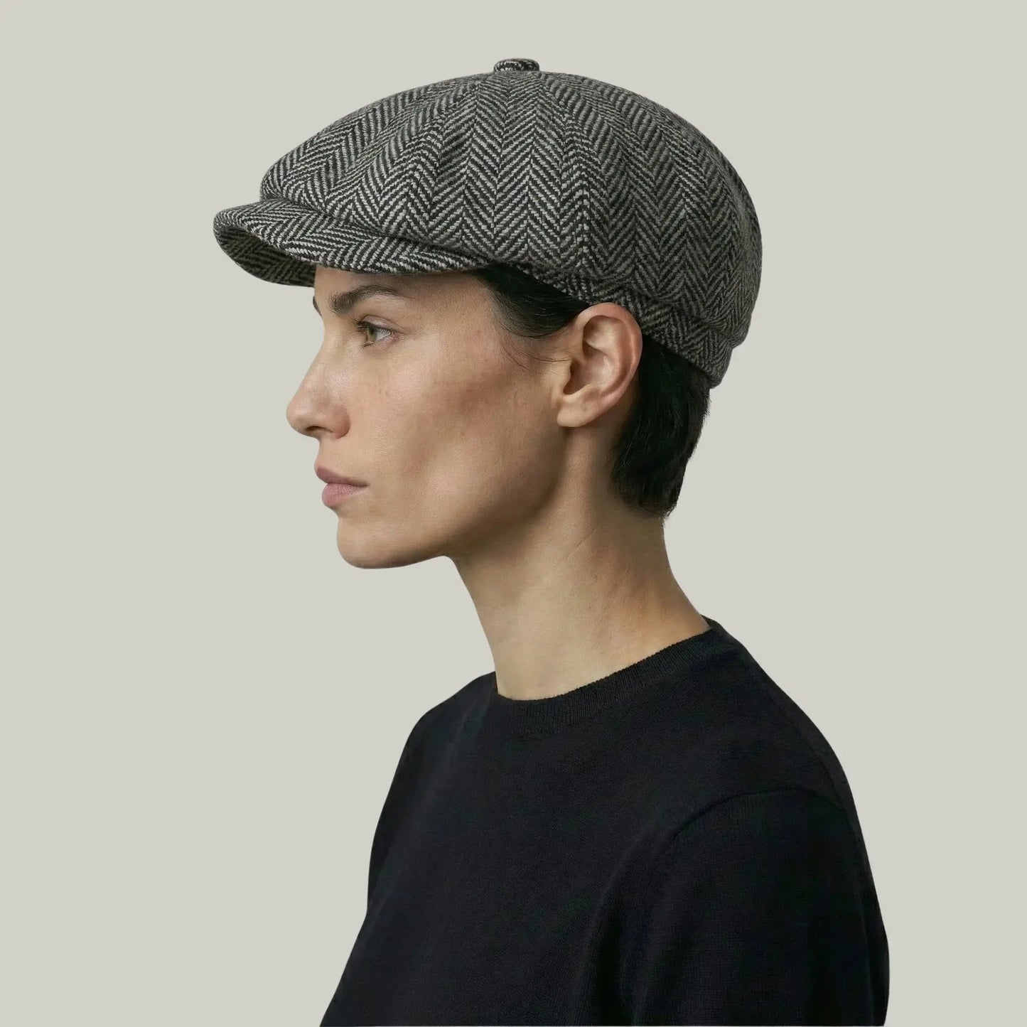 Béret Gavroche Homme Femme Tweed Chevron Gris Maison Shelby