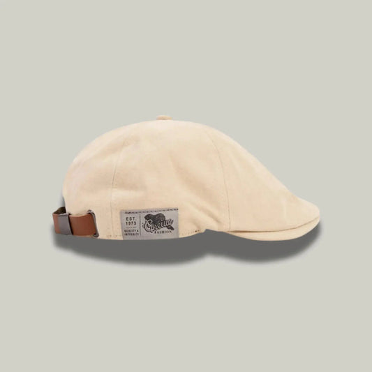 Béret Gavroche Homme Femme Écru Patch Cuir Vintage Maison Shelby
