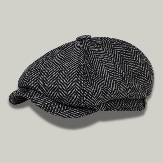 Béret Homme Gris Tweed Chevron – Laine Structurée 8 Panneaux