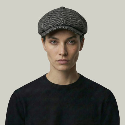 Béret Homme Gris Tweed Chevron – Laine Structurée 8 Panneaux Maison Shelby
