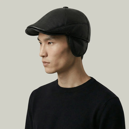 Béret Homme Noir Cuir – Cache-Oreilles Intégré Hiver Maison Shelby