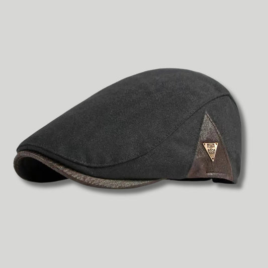 Béret Homme Noir – Empiècement Cuir Triangle Vintage