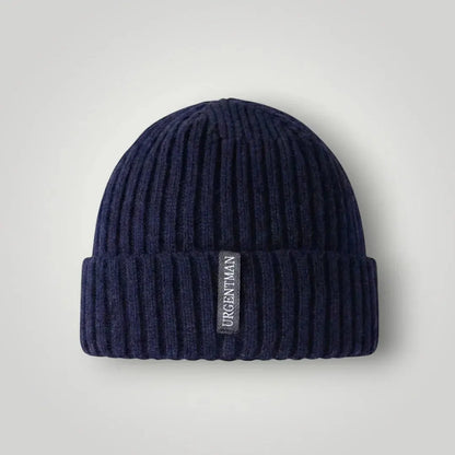 Bonnet Côtelé Mixte Bleu Marine Revers Étiquette Tissée Maison Shelby