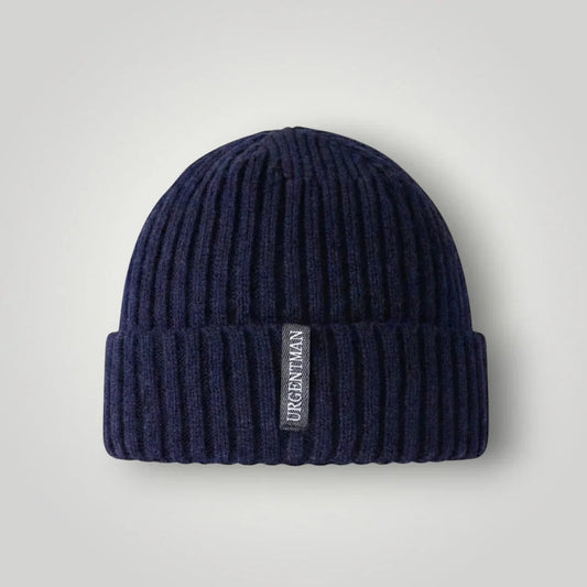 Bonnet Côtelé Mixte Bleu Marine Revers Étiquette Tissée