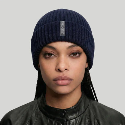 Bonnet Côtelé Mixte Bleu Marine Revers Étiquette Tissée Maison Shelby