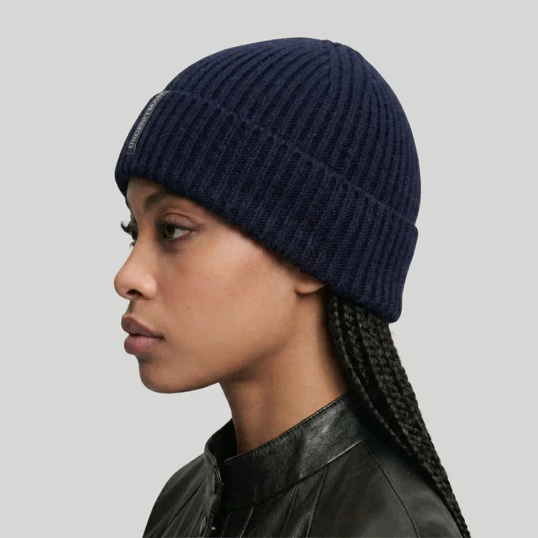 Bonnet Côtelé Mixte Bleu Marine Revers Étiquette Tissée Maison Shelby