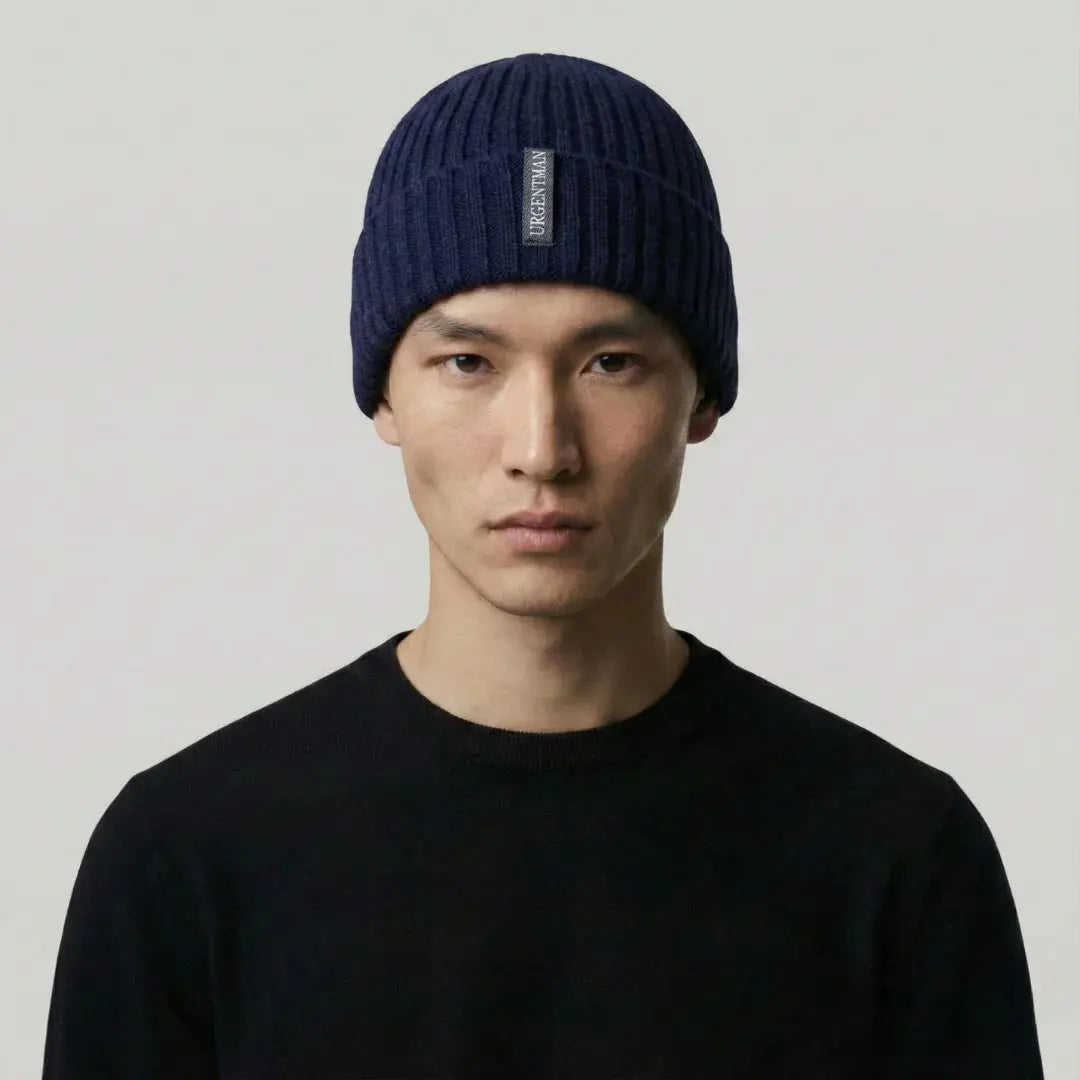 Bonnet Côtelé Mixte Bleu Marine Revers Étiquette Tissée Maison Shelby