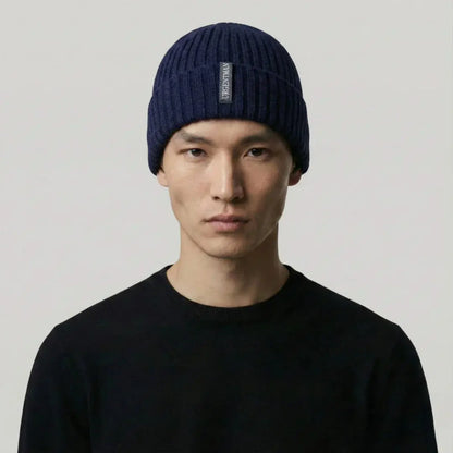 Bonnet Côtelé Mixte Bleu Marine Revers Étiquette Tissée Maison Shelby