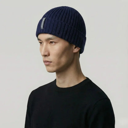Bonnet Côtelé Mixte Bleu Marine Revers Étiquette Tissée Maison Shelby