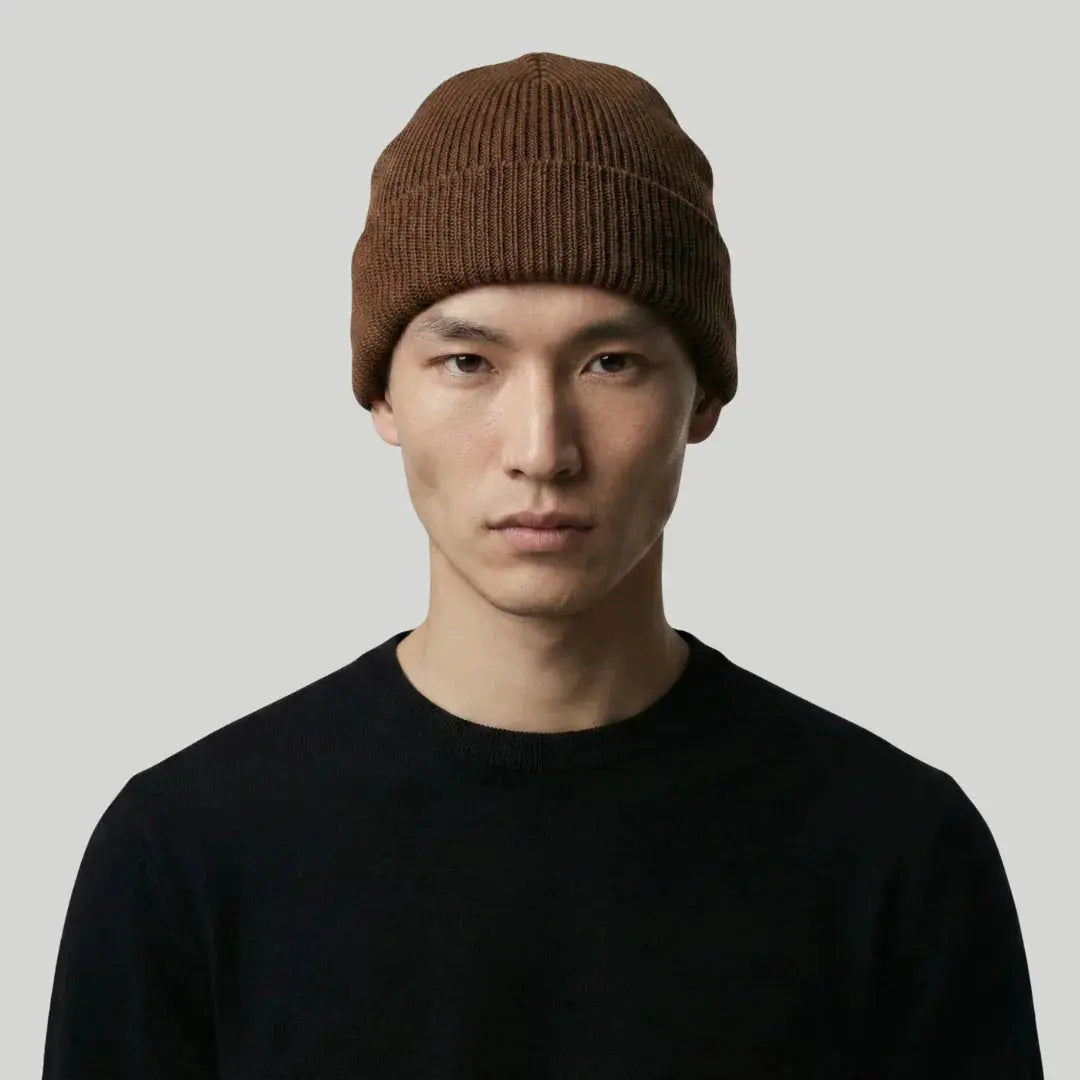 Bonnet Côtelé Mixte Camel Foncé Revers Uni Maison Shelby