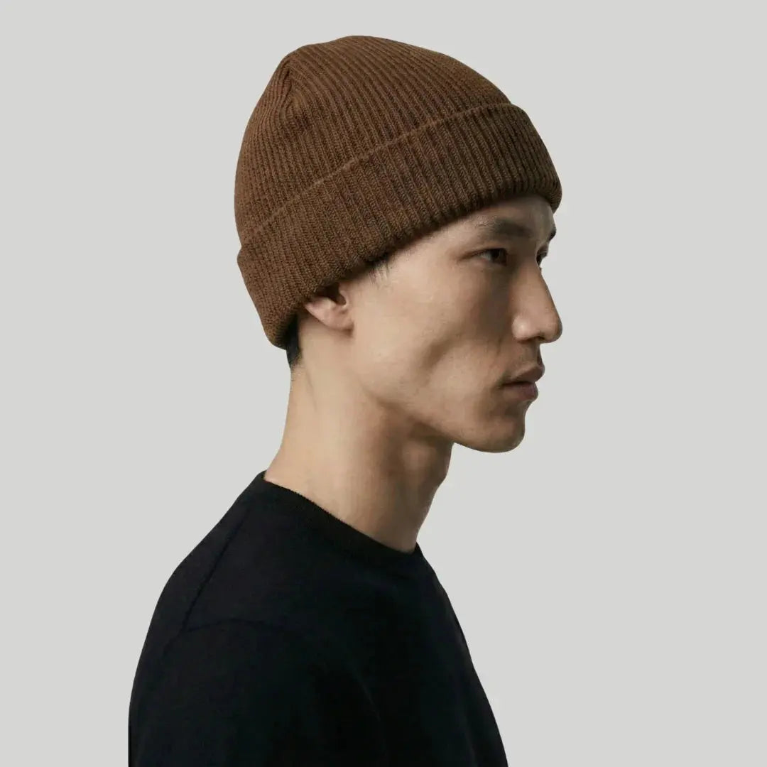 Bonnet Côtelé Mixte Camel Foncé Revers Uni Maison Shelby