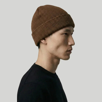 Bonnet Côtelé Mixte Camel Foncé Revers Uni Maison Shelby