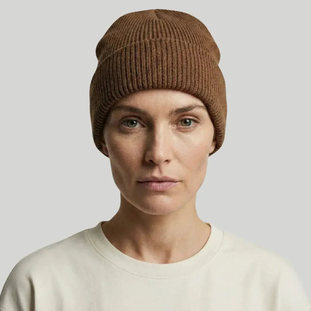 Bonnet Côtelé Mixte Camel Foncé Revers Uni Maison Shelby