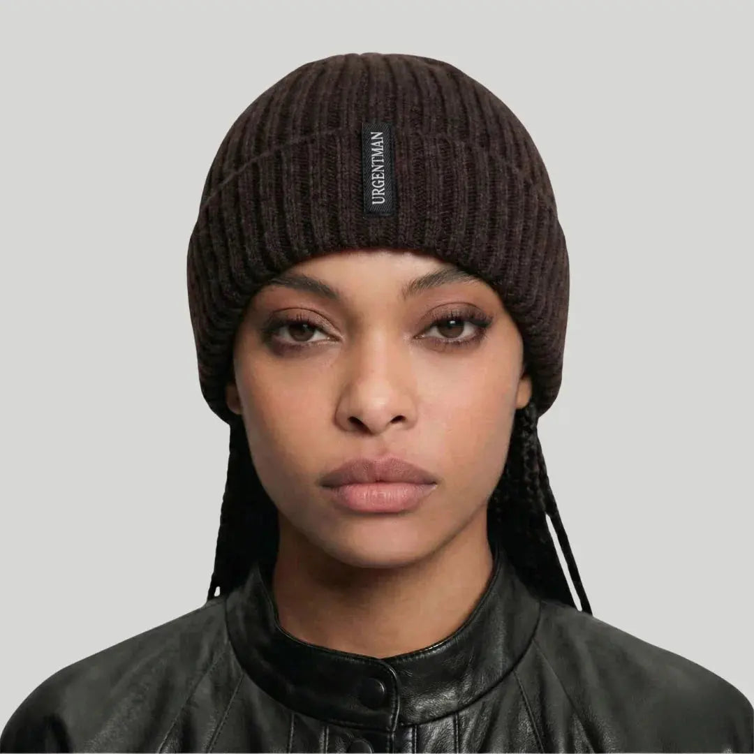 Bonnet Côtelé Mixte Chocolat Revers Étiquette Tissée Maison Shelby