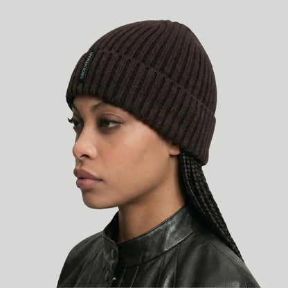 Bonnet Côtelé Mixte Chocolat Revers Étiquette Tissée Maison Shelby