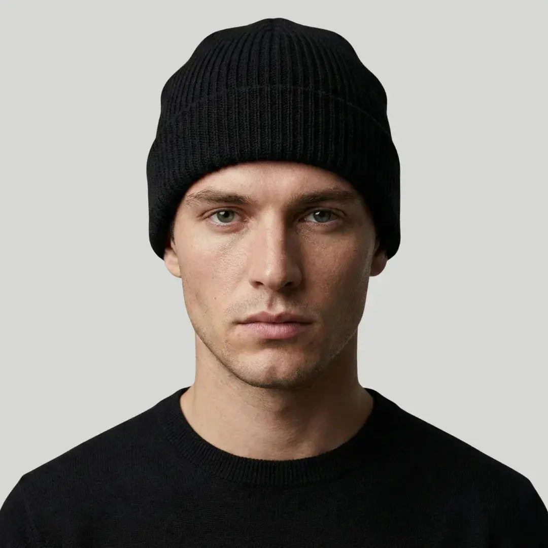 Bonnet Côtelé Mixte Noir Revers Large Uni Maison Shelby