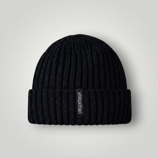 Bonnet Côtelé Mixte Noir Revers Étiquette Tissée