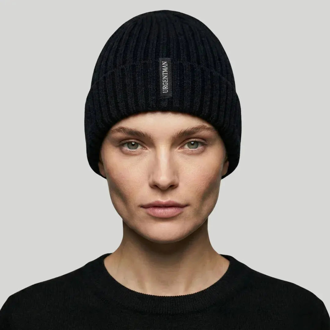 Bonnet Côtelé Mixte Noir Revers Étiquette Tissée Maison Shelby