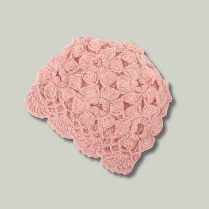 Bonnet Crochet Femme Rose Poudré – Motif Floral Ajouré