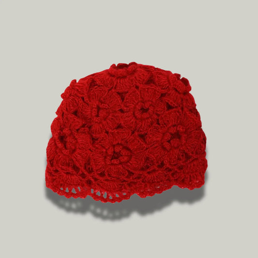 Bonnet Crochet Femme Rouge – Motif Floral Fait Main