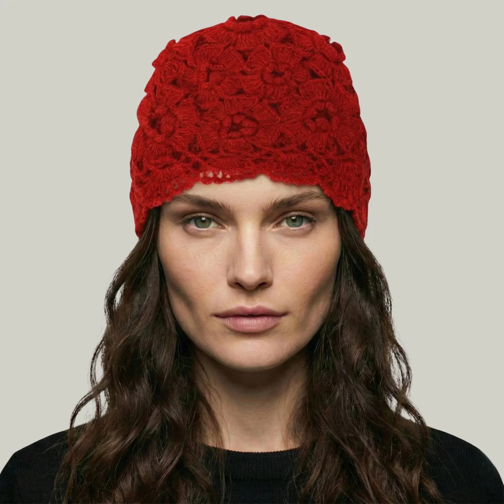 Bonnet Crochet Femme Rouge – Motif Floral Fait Main Maison Shelby