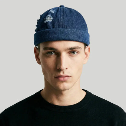 Bonnet Docker Denim Bleu Homme Femme – Finitions Effilochées Maison Shelby