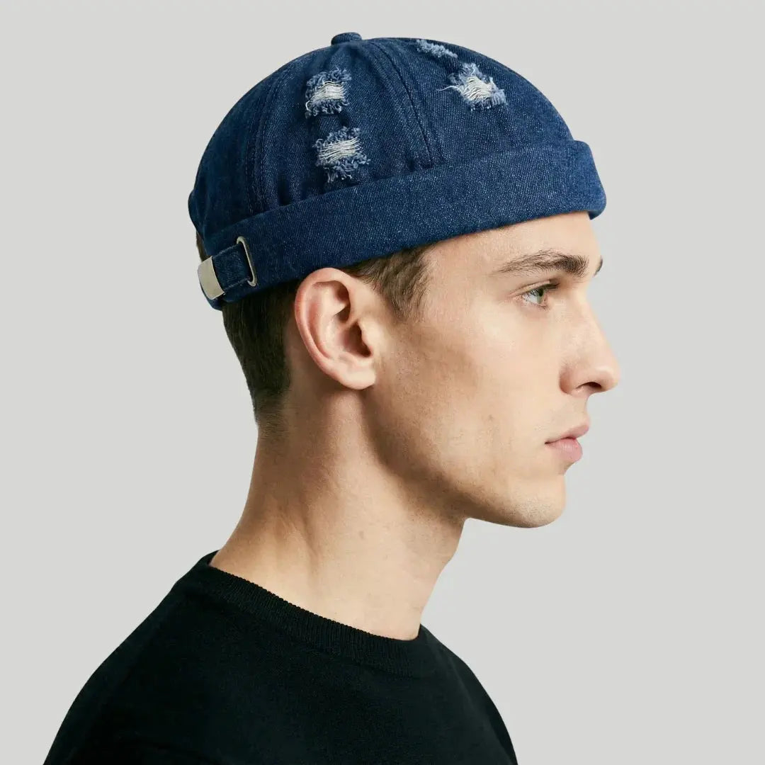 Bonnet Docker Denim Bleu Homme Femme – Finitions Effilochées Maison Shelby