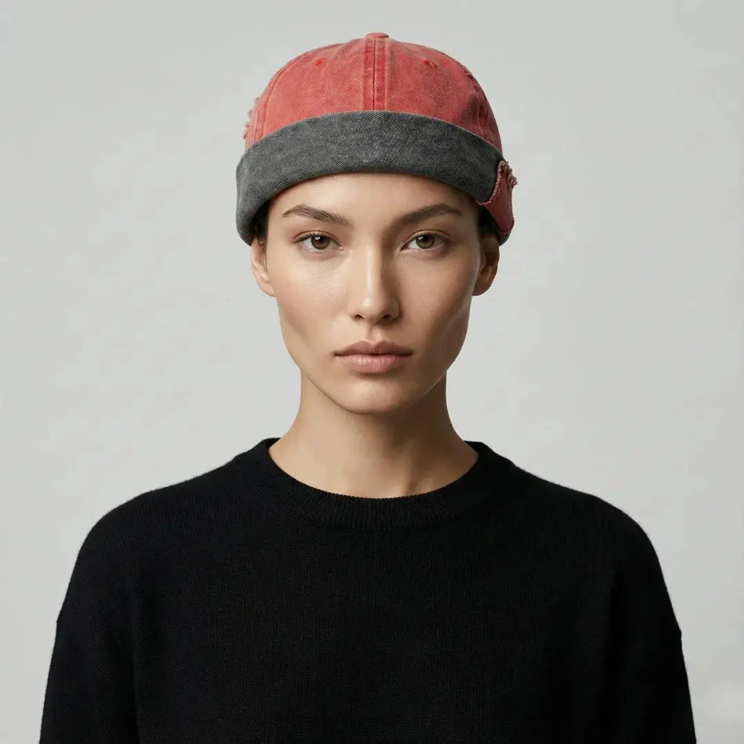 Bonnet Docker Mixte Corail Délavé Revers Gris Denim Maison Shelby