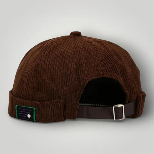 Bonnet Docker Mixte Marron Velours Côtelé Sangle Cuir
