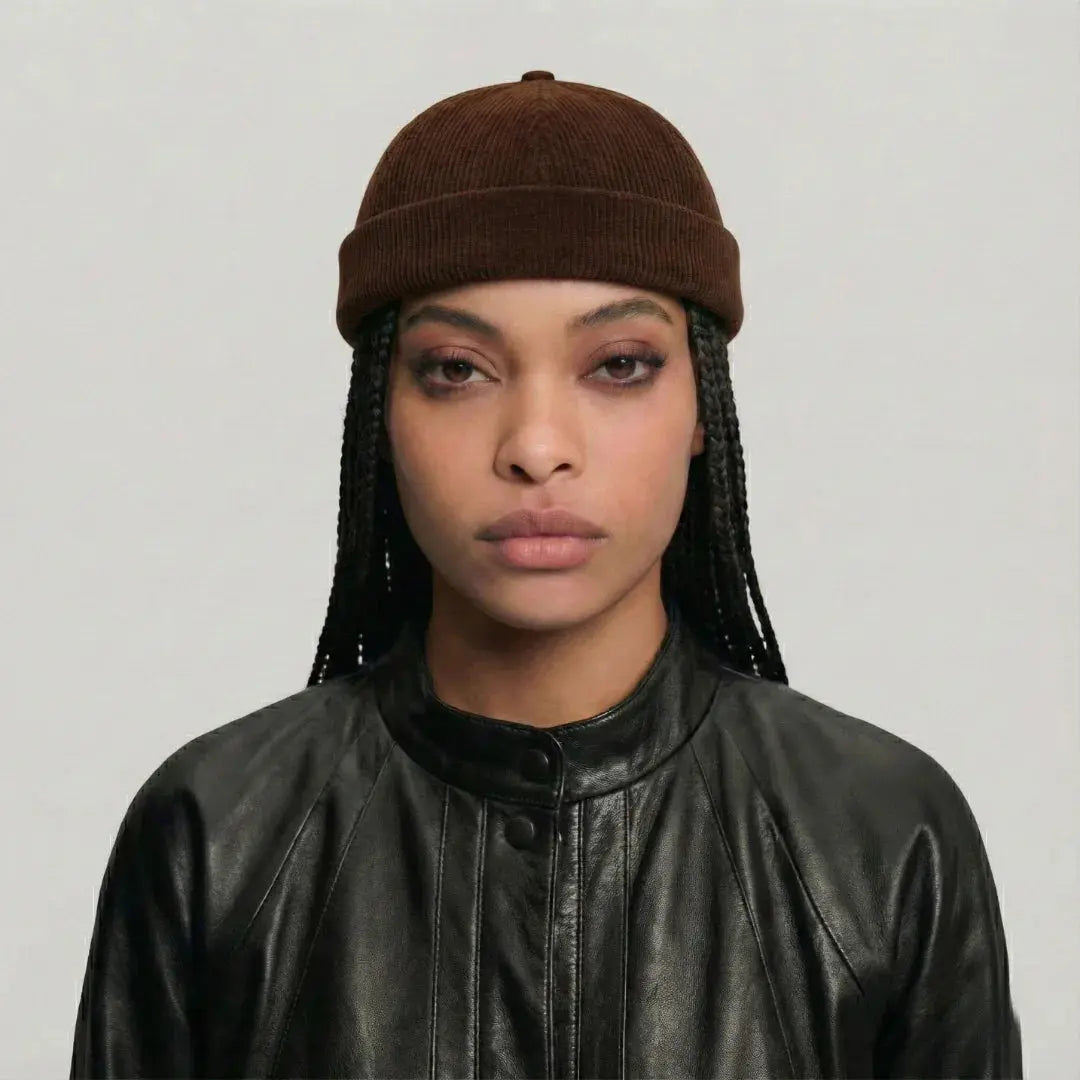 Bonnet Docker Mixte Marron Velours Côtelé Sangle Cuir Maison Shelby