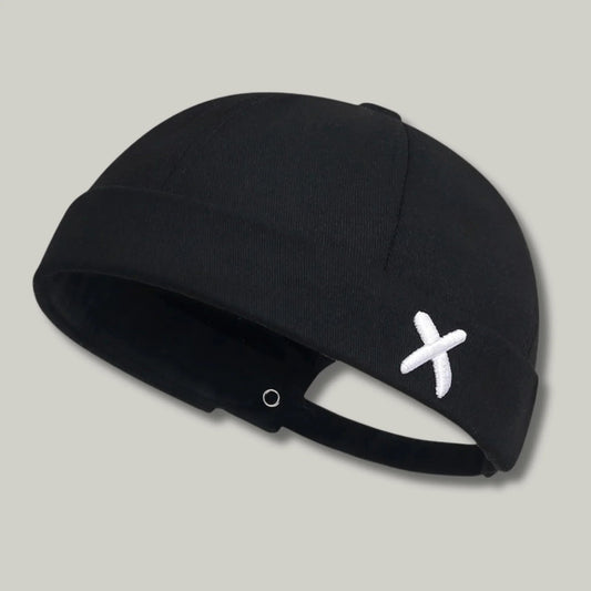 Bonnet Docker Mixte Noir Broderie Croix Blanche Sangle