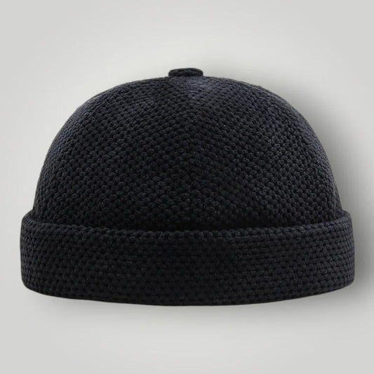 Bonnet Docker Mixte Noir Maille Ajourée Revers