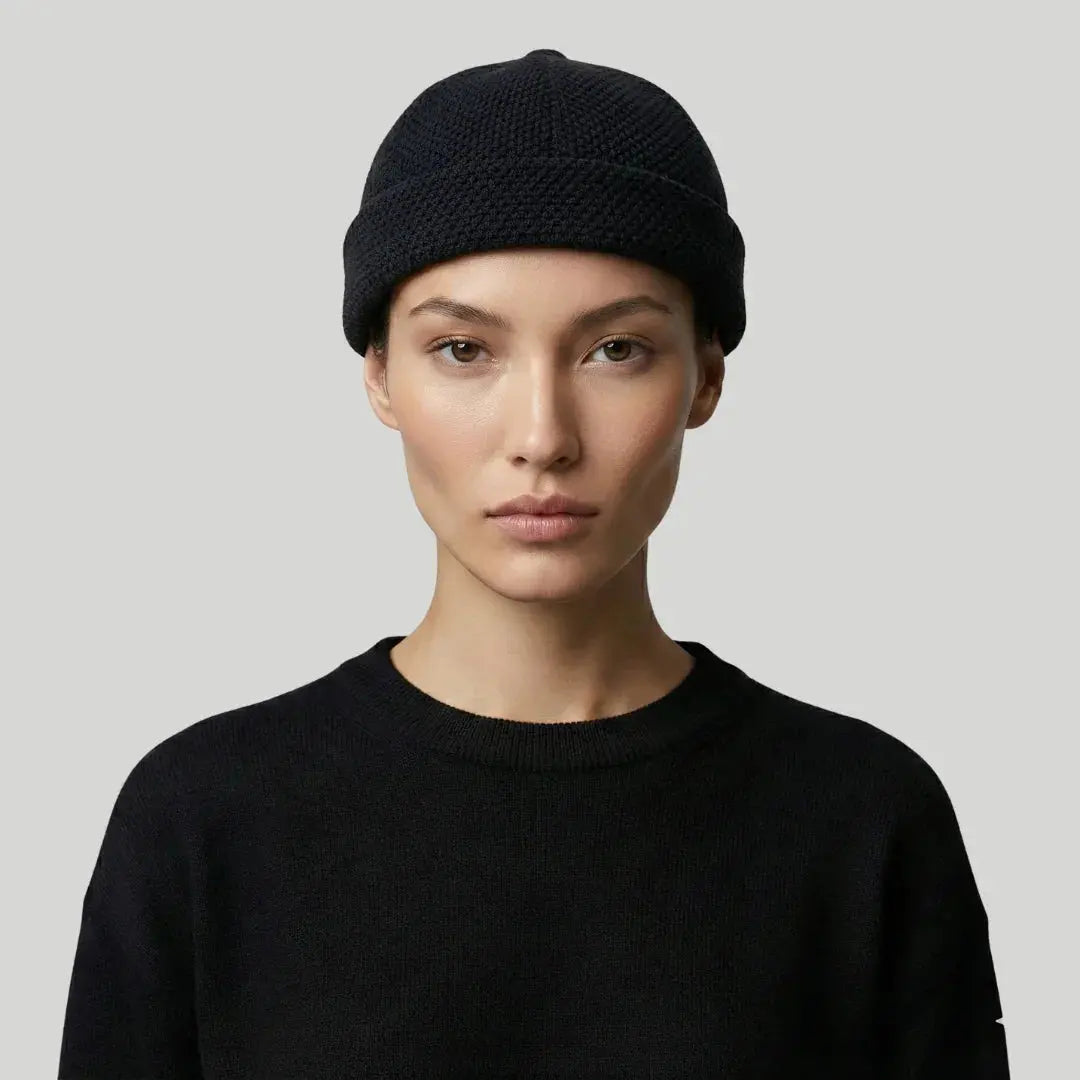 Bonnet Docker Mixte Noir Maille Ajourée Revers Maison Shelby