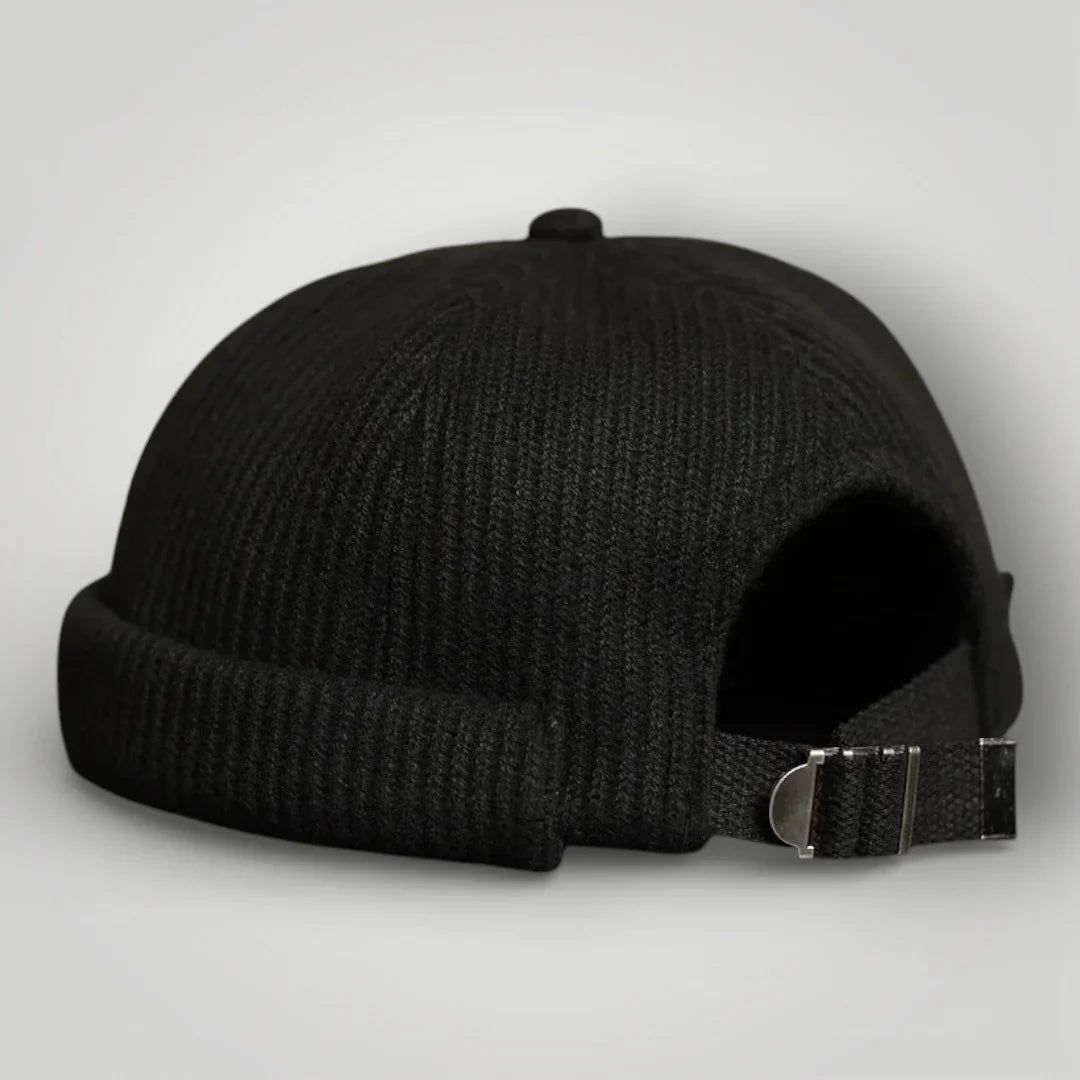 Bonnet Docker Mixte Noir Maille Côtelée Sangle Ajustable