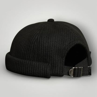 Bonnet Docker Mixte Noir Maille Côtelée Sangle Ajustable