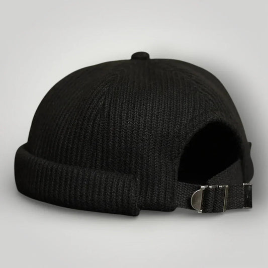 Bonnet Docker Mixte Noir Maille Côtelée Sangle Ajustable