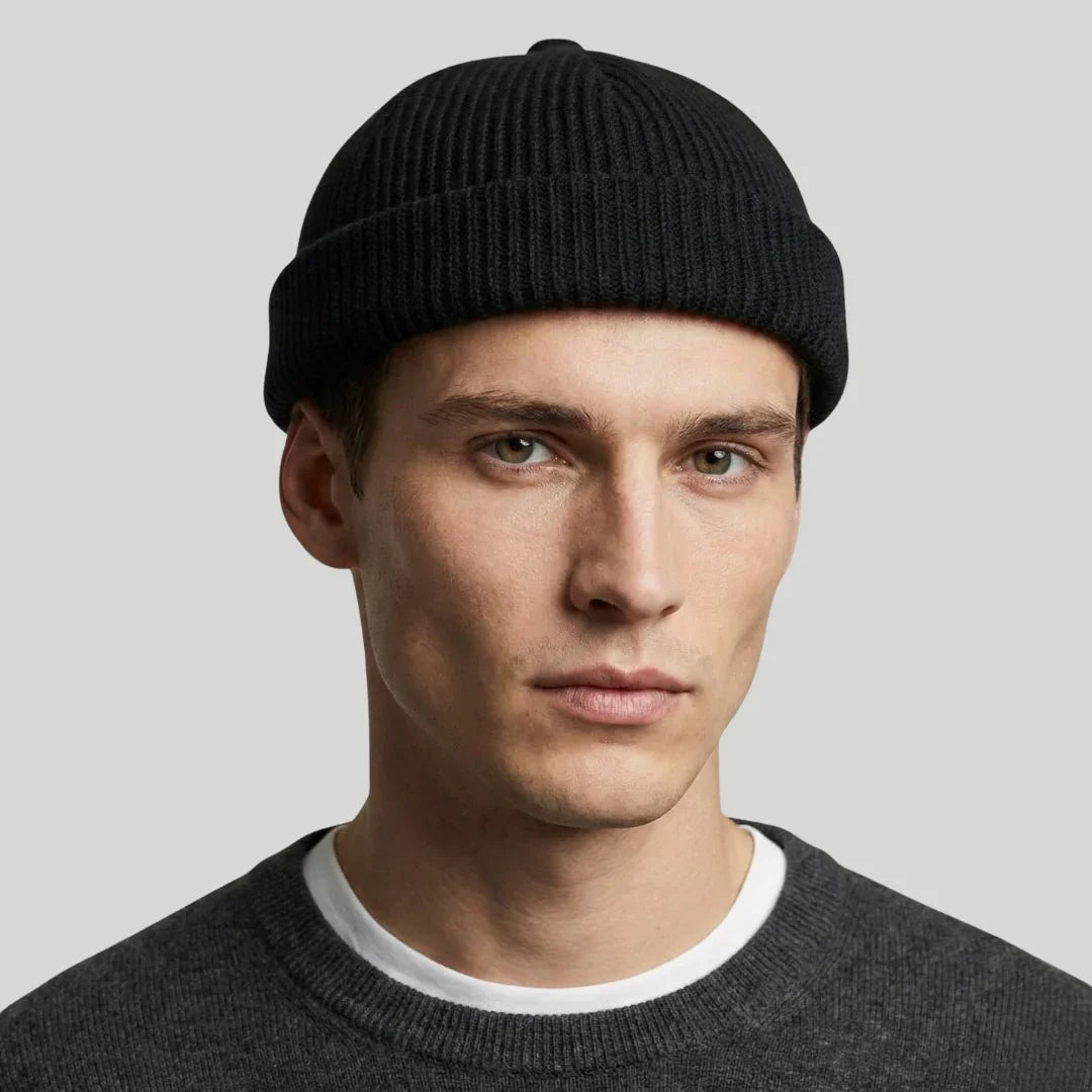 Bonnet Docker Mixte Noir Maille Côtelée Sangle Ajustable