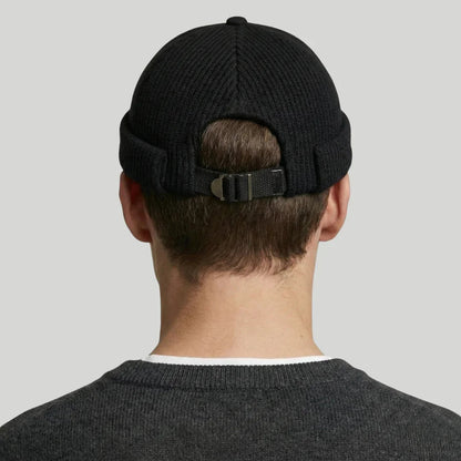 Bonnet Docker Mixte Noir Maille Côtelée Sangle Ajustable