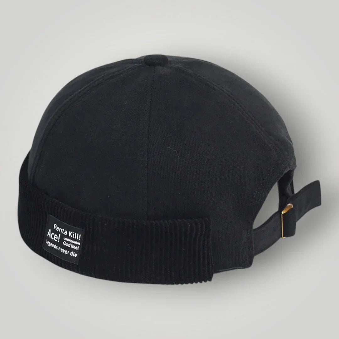 Bonnet Docker Mixte Noir Patch Texte Sangle Cuir