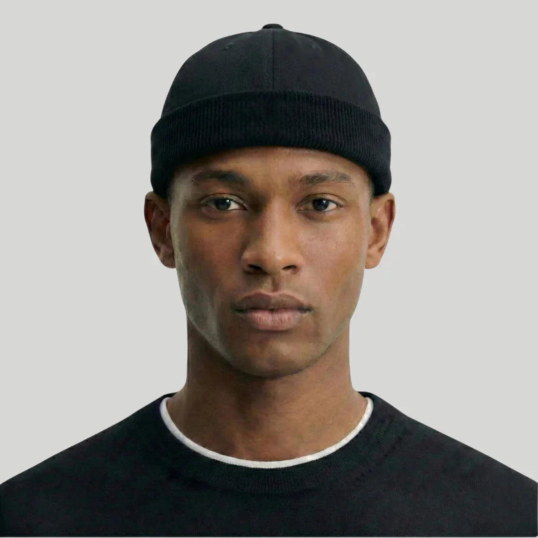 Bonnet Docker Mixte Noir Patch Texte Sangle Cuir