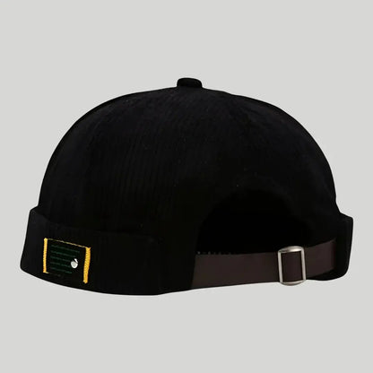 Bonnet Docker Mixte Noir Velours Côtelé Sangle Cuir Maison Shelby